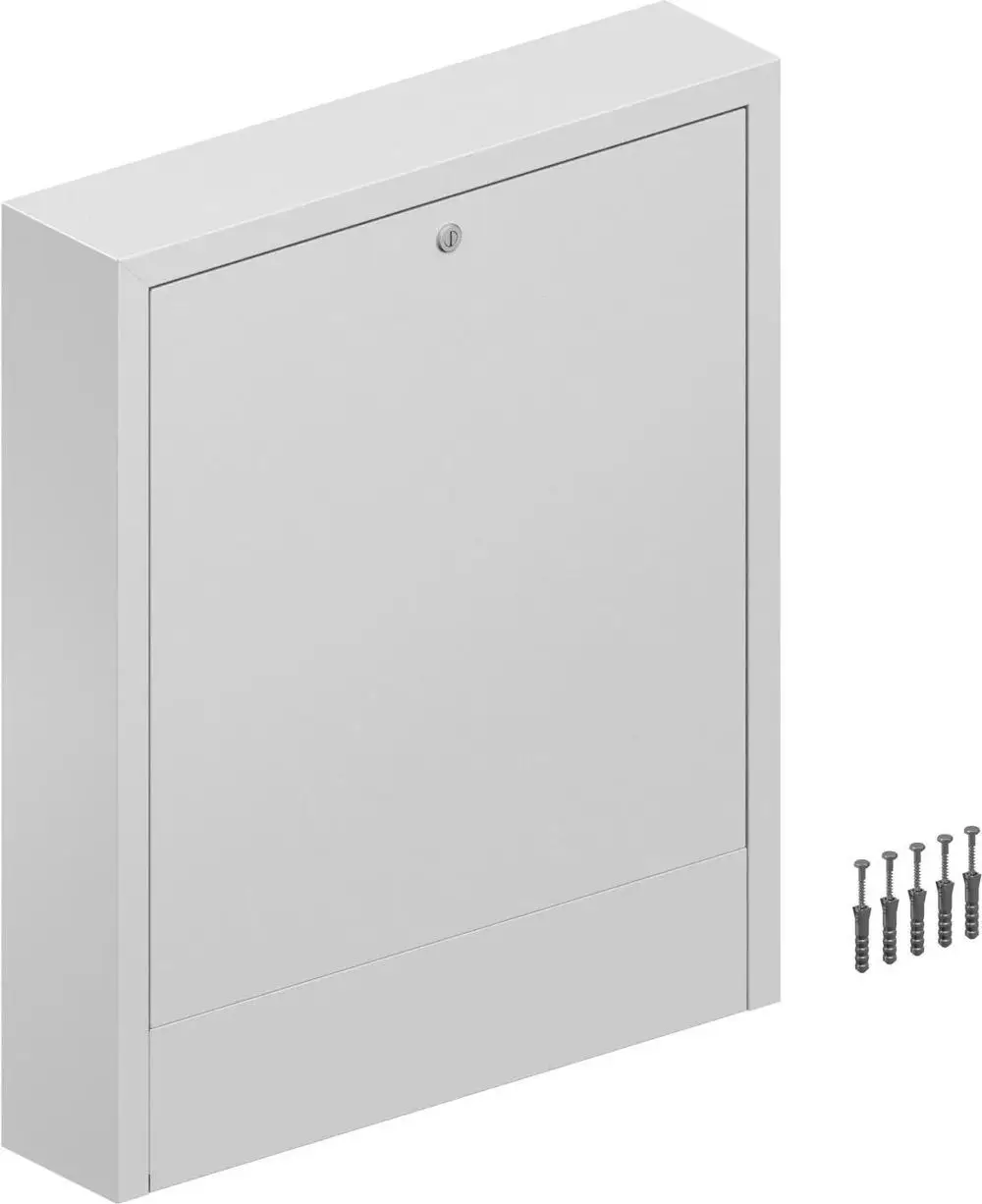 Weißer metallener Verteilerschrank von Uponor, mit schlichter Tür und einem Schlüsselloch, daneben acht Schrauben zur Befestigung.